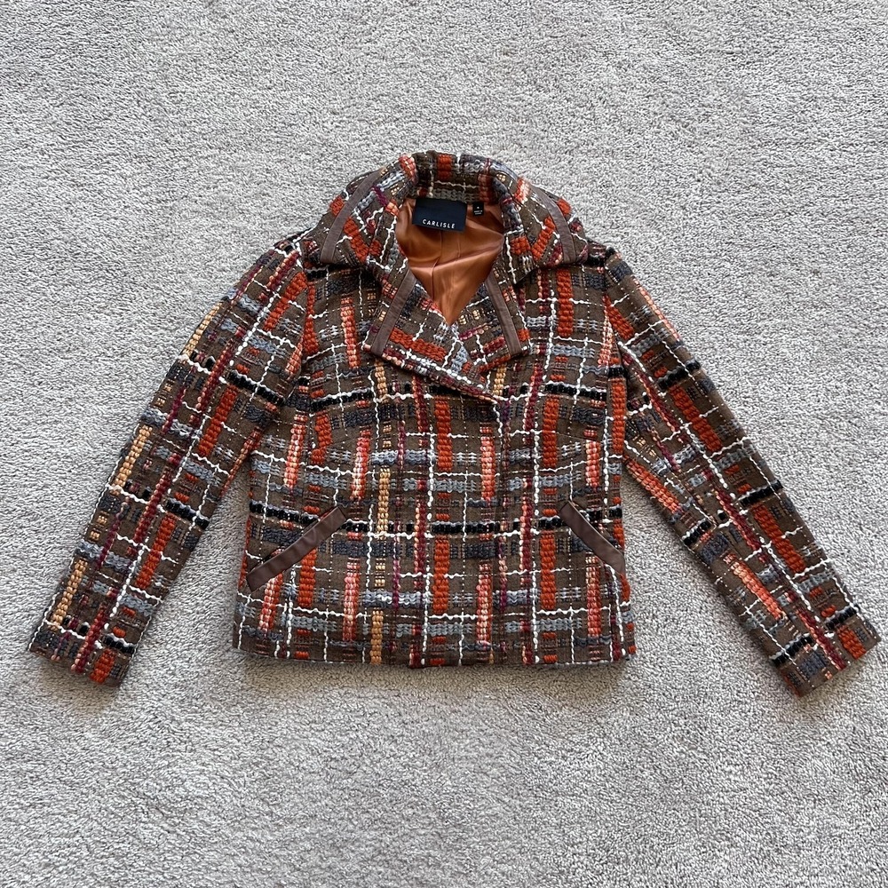 Carlisle Tweed Plaid Blazer Jacket Womens 4 Brown Multicolor Wool Button Front